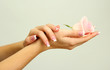 Beautiful woman hands with rose, isolated on white