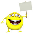 3d cartoon yellow monster holding placard
