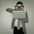 businessman uses computers
