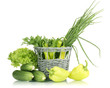 fresh green vegetables in basket isolated on white
