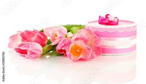 Photo: Pink tulips and gift box, isolated on white Pink tulips and gift box, isolated on white