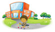 Vettoriale: A boy playing in front of the school building A boy playing in front of the school building
