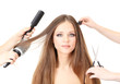Woman with long hair in beauty salon, isolated on white