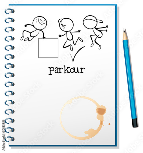 Vector: A notebook with a sketch of a parkour training at the cover page A notebook with a sketch of a parkour training at the cover page