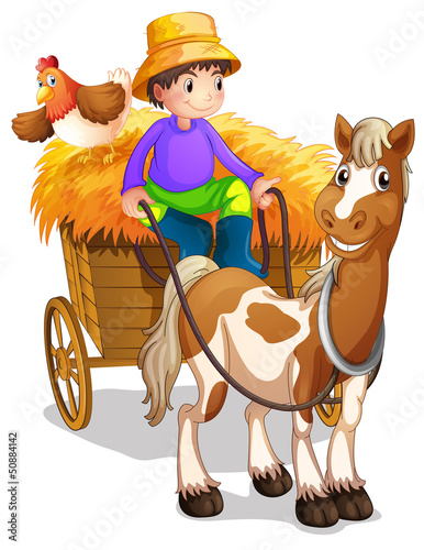 Vector: A farmer riding in his wooden cart with a horse and a chicken A farmer riding in his wooden cart with a horse and a chicken