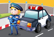 A smiling policeman standing in front of a police car