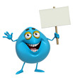 3d cartoon cute blue monster holding placard
