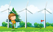 Vektor: A girl playing golf near the windmills A girl playing golf near the windmills