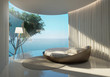 Atmospheric contemporary bedroom, round bed and sea view