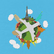 World travel concept with stitch style on fabric background