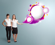 Attractive woman presenting abstract speech bubble copy space