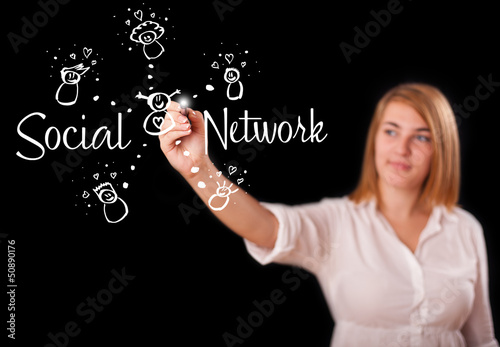 Photo: Woman draving social network theme on whiteboard Woman draving social network theme on whiteboard