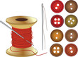 Needle, Coil of red threads and buttons