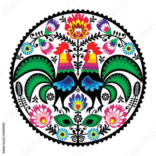  Polish floral embroidery with roosters folk pattern