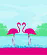 Illustration: Flamingo couple in wild nature landscape Flamingo couple in wild nature landscape