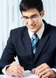 Portrait of writing smiling businessman working