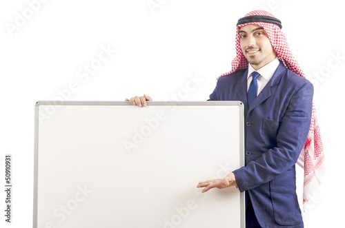 Photo: Arab man with blank board for message Arab man with blank board for message