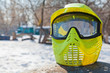 Photo protective mask for paintball game on a spring