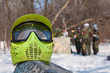 Photo protective mask for paintball game on a spring