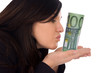 woman kissing a euro banknote
