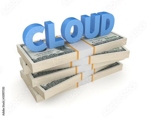 Illustration: Word CLOUD on stack of dollars. Word CLOUD on stack of dollars.