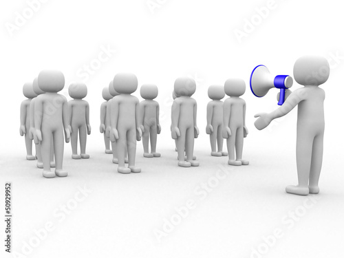 Illustration: 3d person speaking at megaphone in front of the crowd 3d person speaking at megaphone in front of the crowd