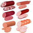 set of different varieties of sausage on a white background