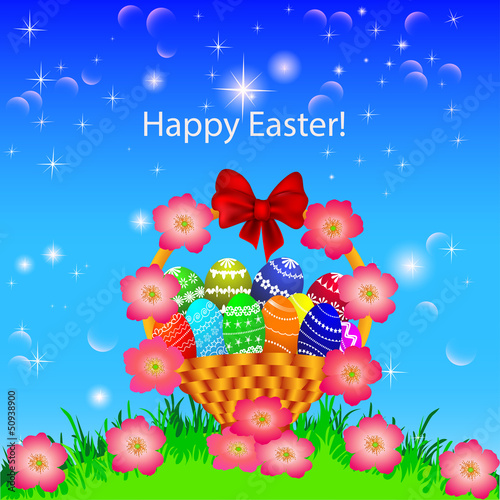 Illustration: of a postcard in the Easter basket of eggs flower of a postcard in the Easter basket of eggs flower
