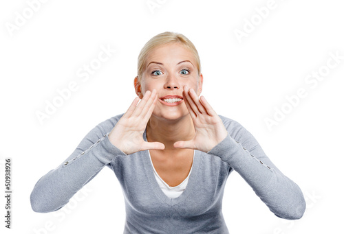 Photo: Shouting woman in grey pullover, isolated on white Shouting woman in grey pullover, isolated on white