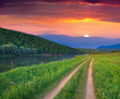 Beautiful summer landscape on the mountain river. Sunrise