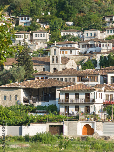 Berat and St. Spyridon belltower in Gorica, Albania
