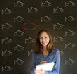 Business woman, student or teacher with chalk fish Christianity