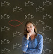 Business woman, student or teacher with chalk fish Christianity