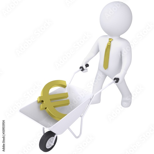 Illustration: 3d white man carries a wheelbarrow with the euro 3d white man carries a wheelbarrow with the euro