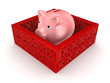 Illustration: Pink piggy bank behind a wall of red cross marks. Pink piggy bank behind a wall of red cross marks.