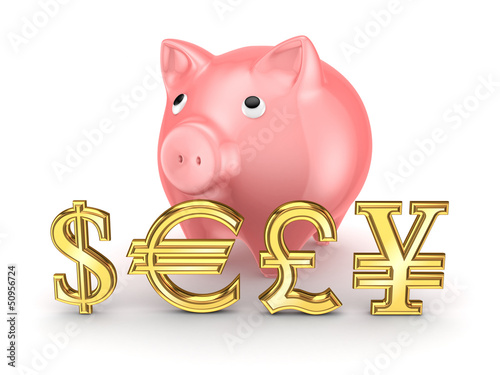 Illustration: Pink piggy bank and different currencies. Pink piggy bank and different currencies.
