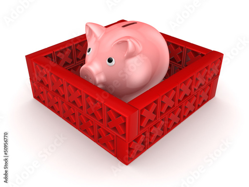 Illustration: Pink piggy bank behind a wall of red cross marks. Pink piggy bank behind a wall of red cross marks.