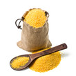 bag of ground corn and a wooden spoon