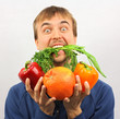 man gone mad on fresh vegetables and fruits