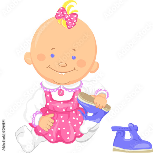 Vector: Vector cute baby girl learns to put on one's shoes Vector cute baby girl learns to put on one's shoes
