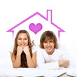 Young couple in white with heart symbols