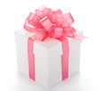White box with pink ribbon on white background