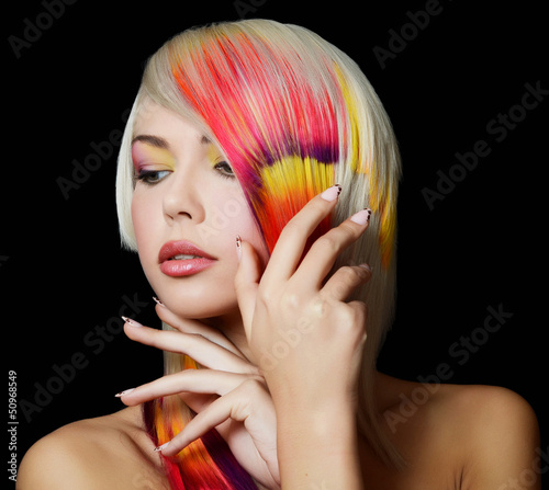 Photo: The beautiful girl with a bright make-up and multi-coloured stra The beautiful girl with a bright make-up and multi-coloured stra