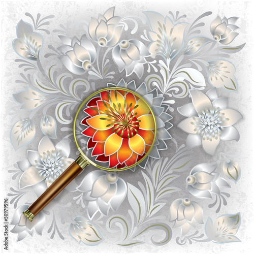 Vector: abstract background with magnifying glass and floral ornament abstract background with magnifying glass and floral ornament