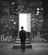 man looking at opened door and drawing business concept
