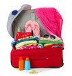 Red travel suitcase with personal belongings isolated on white