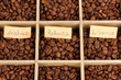 Coffee beans in wooden box close-up