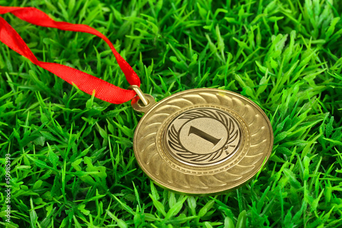 Photo: Gold medal on grass background Gold medal on grass background