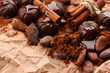 Composition of chocolate sweets, cocoa and spices