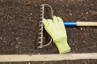 Garden Rake and Gloves lying on Soil